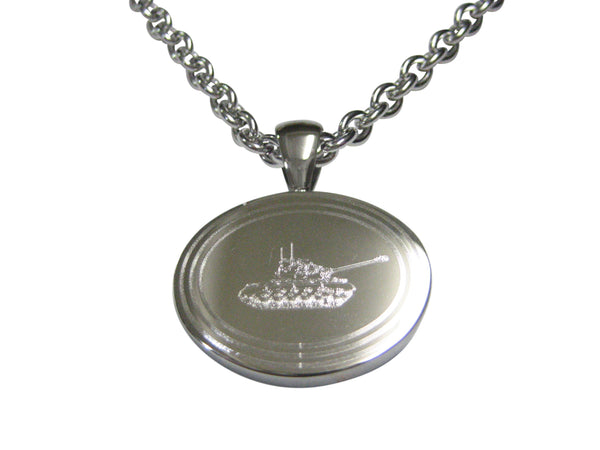 Silver Toned Etched Oval Simple Tank Pendant Necklace