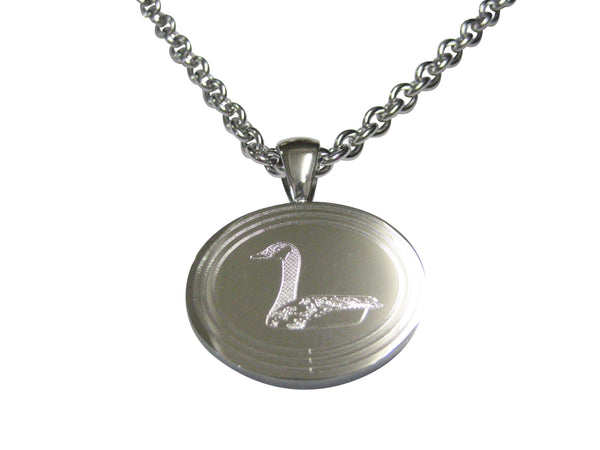 Silver Toned Etched Oval Sitting Goose Bird Pendant Necklace