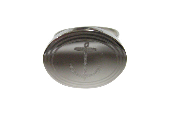 Silver Toned Etched Oval Skinny Nautical Anchor Adjustable Size Fashion Ring