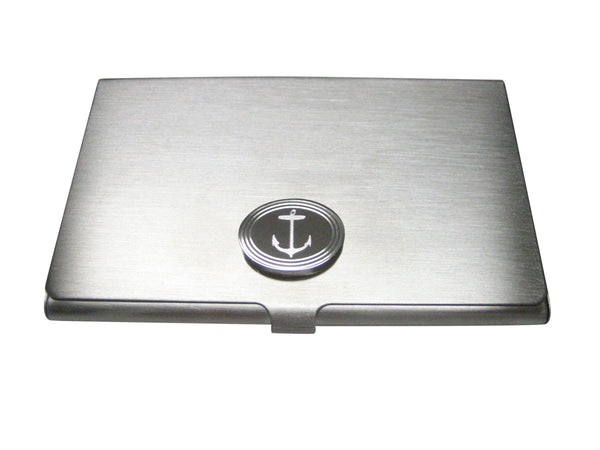Silver Toned Etched Oval Skinny Nautical Anchor Business Card Holder