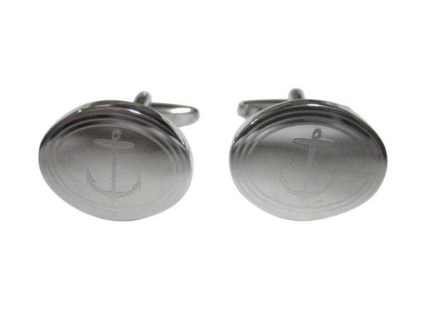 Silver Toned Etched Oval Skinny Nautical Anchor Cufflinks