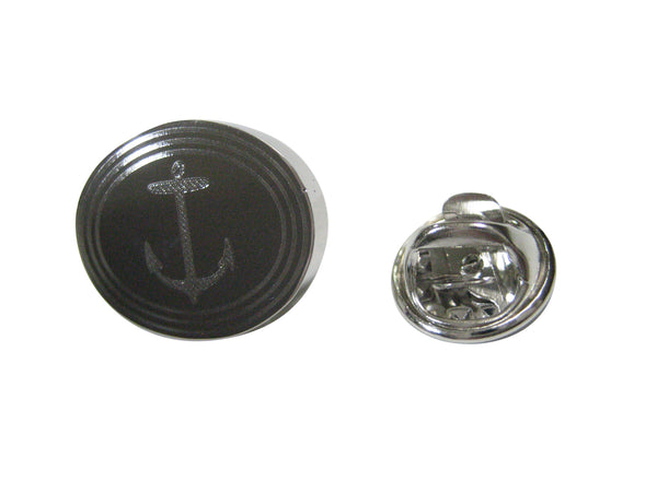 Silver Toned Etched Oval Skinny Nautical Anchor Lapel Pin