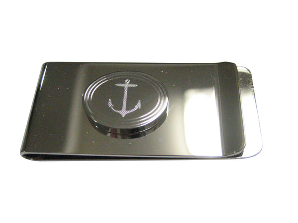 Silver Toned Etched Oval Skinny Nautical Anchor Money Clip