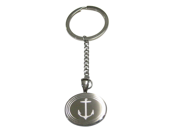 Silver Toned Etched Oval Skinny Nautical Anchor Pendant Keychain