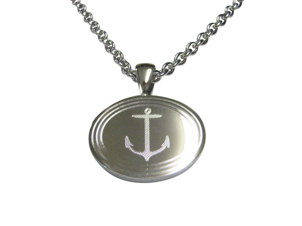 Silver Toned Etched Oval Skinny Nautical Anchor Pendant Necklace