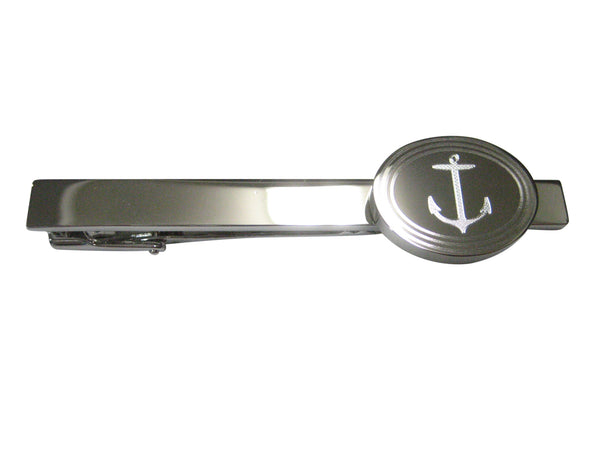 Silver Toned Etched Oval Skinny Nautical Anchor Tie Clip