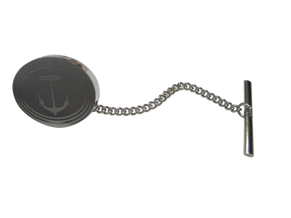 Silver Toned Etched Oval Skinny Nautical Anchor Tie Tack