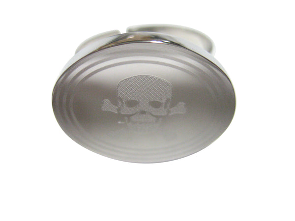 Silver Toned Etched Oval Skull and Crossbones Adjustable Size Fashion Ring