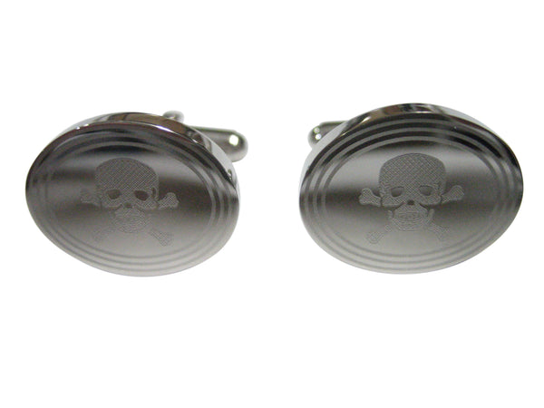 Silver Toned Etched Oval Skull and Crossbones Cufflinks