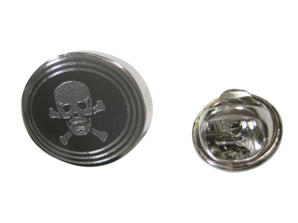 Silver Toned Etched Oval Skull and Crossbones Lapel Pin