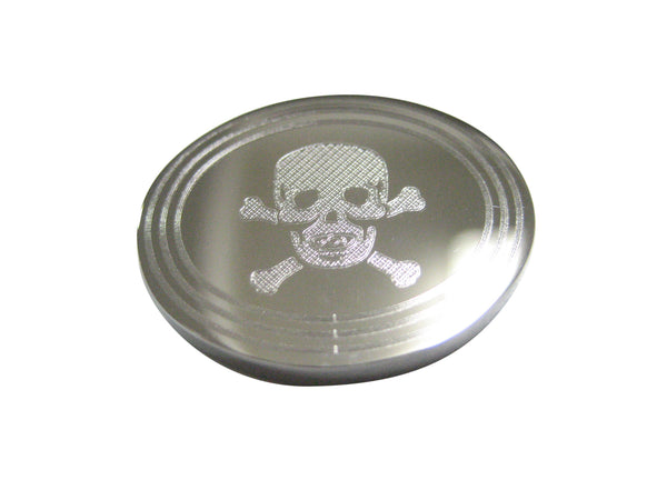 Silver Toned Etched Oval Skull and Crossbones Magnet