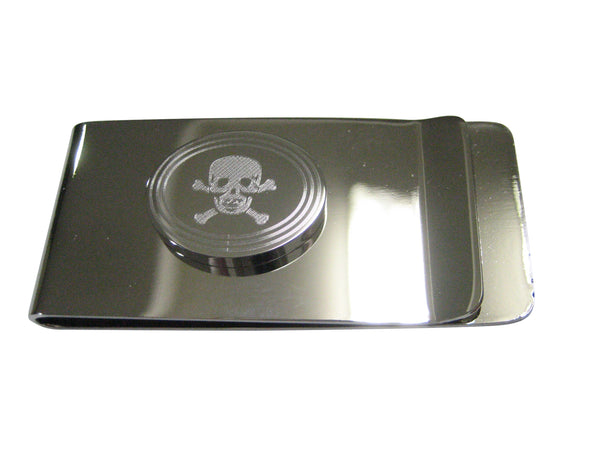 Silver Toned Etched Oval Skull and Crossbones Money Clip