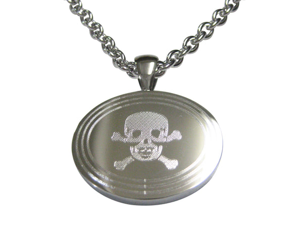 Silver Toned Etched Oval Skull and Crossbones Pendant Necklace