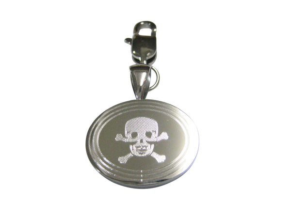 Silver Toned Etched Oval Skull and Crossbones Pendant Zipper Pull Charm