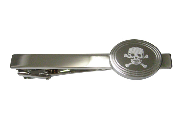 Silver Toned Etched Oval Skull and Crossbones Tie Clip
