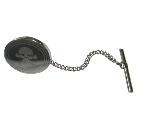 Silver Toned Etched Oval Skull and Crossbones Tie Tack