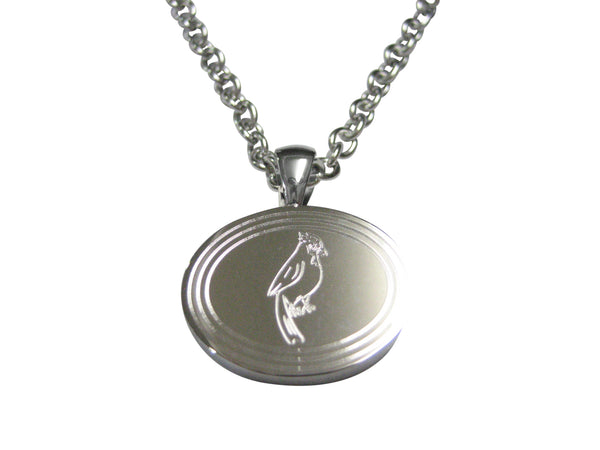 Silver Toned Etched Oval Small Tropical Bird Pendant Necklace