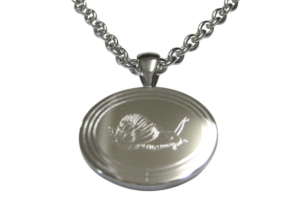 Silver Toned Etched Oval Snail Pendant Necklace