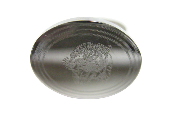 Silver Toned Etched Oval Snarling Tiger Adjustable Size Fashion Ring