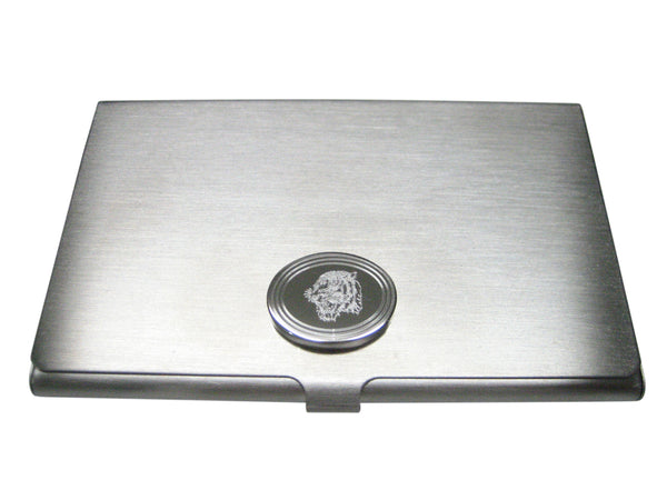 Silver Toned Etched Oval Snarling Tiger Business Card Holder
