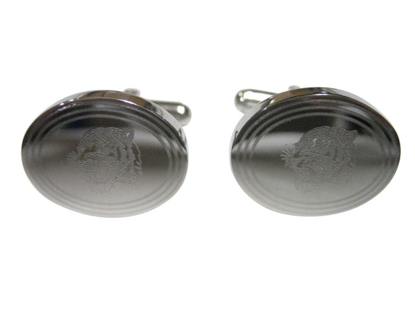 Silver Toned Etched Oval Snarling Tiger Head Cufflinks