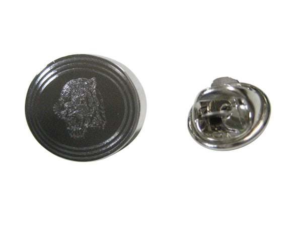 Silver Toned Etched Oval Snarling Tiger Head Lapel Pin