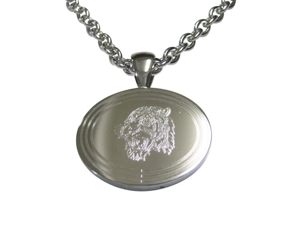 Silver Toned Etched Oval Snarling Tiger Head Pendant Necklace