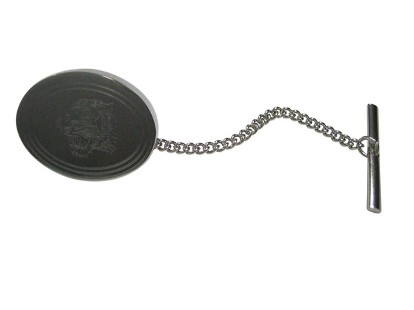 Silver Toned Etched Oval Snarling Tiger Head Tie Tack