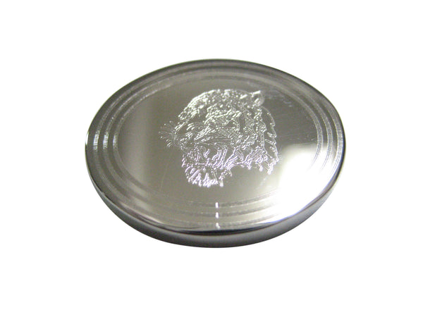 Silver Toned Etched Oval Snarling Tiger Magnet