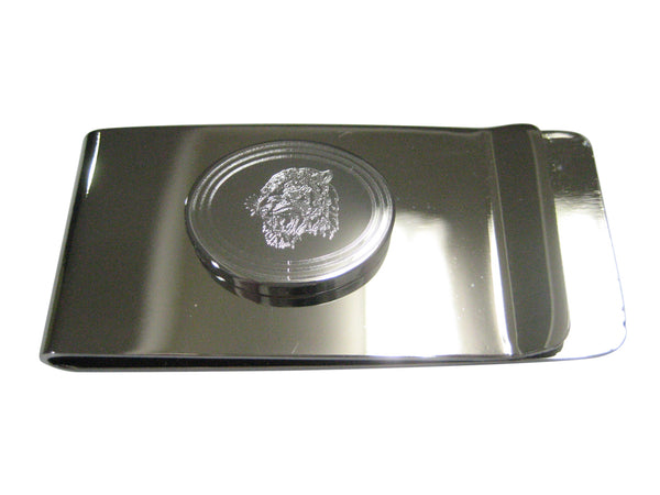 Silver Toned Etched Oval Snarling Tiger Money Clip