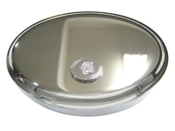 Silver Toned Etched Oval Snarling Tiger Oval Trinket Jewelry Box