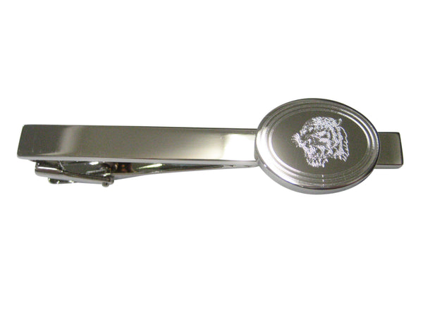 Silver Toned Etched Oval Snarling Tiger Tie Clip