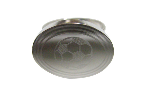 Silver Toned Etched Oval Soccer Ball Adjustable Size Fashion Ring