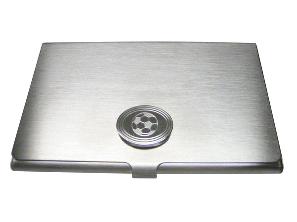 Silver Toned Etched Oval Soccer Ball Business Card Holder