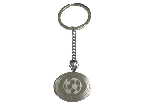 Silver Toned Etched Oval Soccer Ball Pendant Keychain