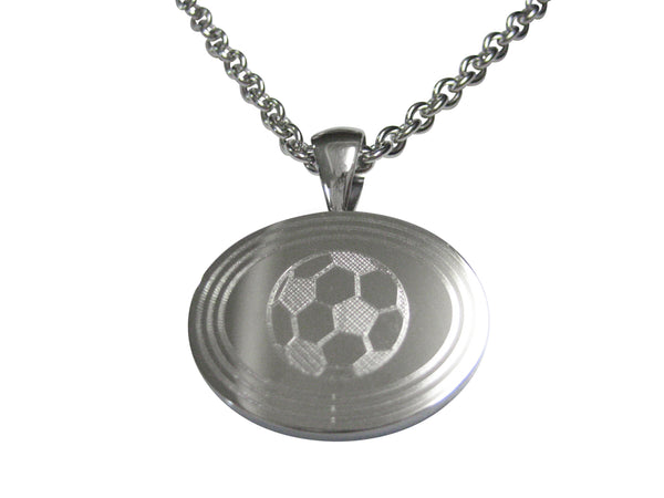 Silver Toned Etched Oval Soccer Ball Pendant Necklace