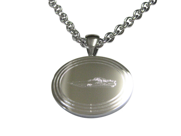 Silver Toned Etched Oval Speed Boat Pendant Necklace