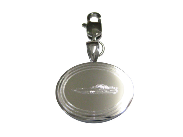 Silver Toned Etched Oval Speed Boat Pendant Zipper Pull Charm