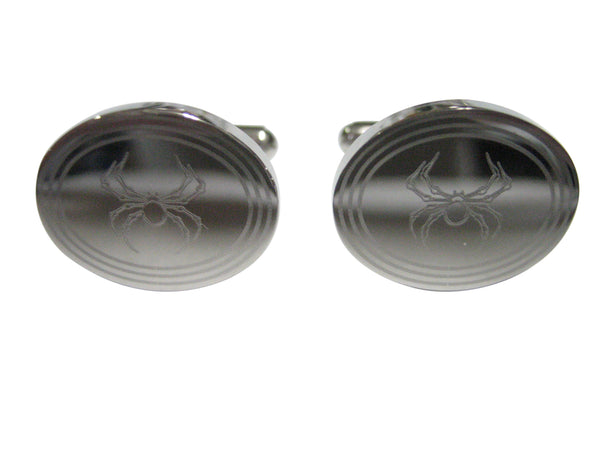 Silver Toned Etched Oval Spider Bug Insect Cufflinks