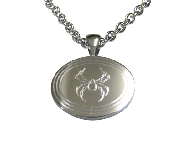 Silver Toned Etched Oval Spider Bug Insect Pendant Necklace