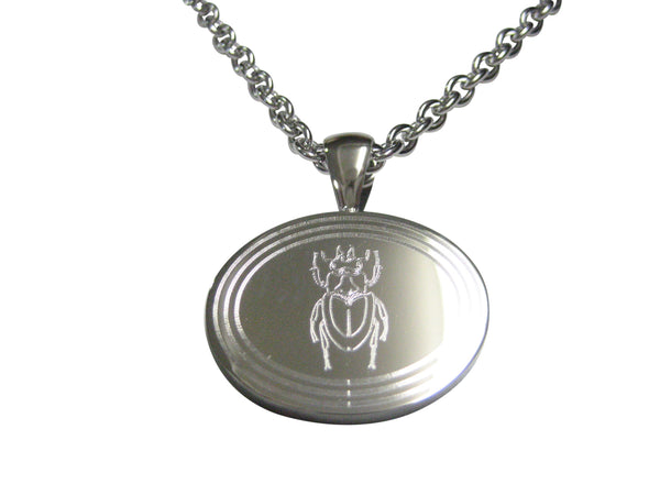 Silver Toned Etched Oval Spiky Beetle Insect Pendant Necklace