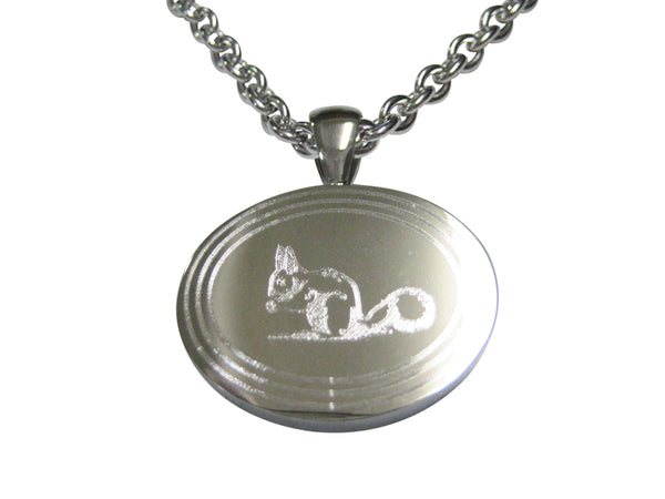 Silver Toned Etched Oval Squirrel Pendant Necklace