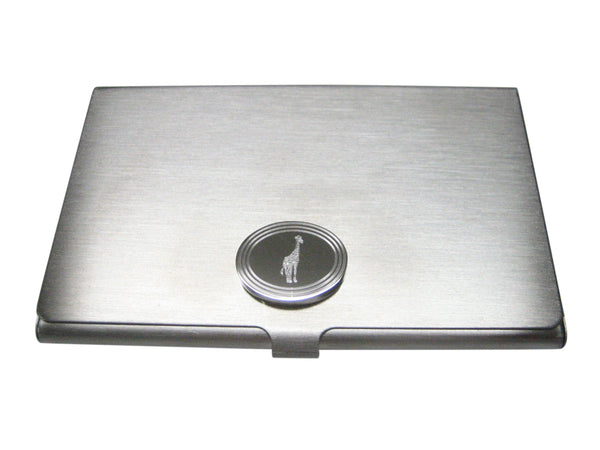Silver Toned Etched Oval Standing Giraffe Business Card Holder
