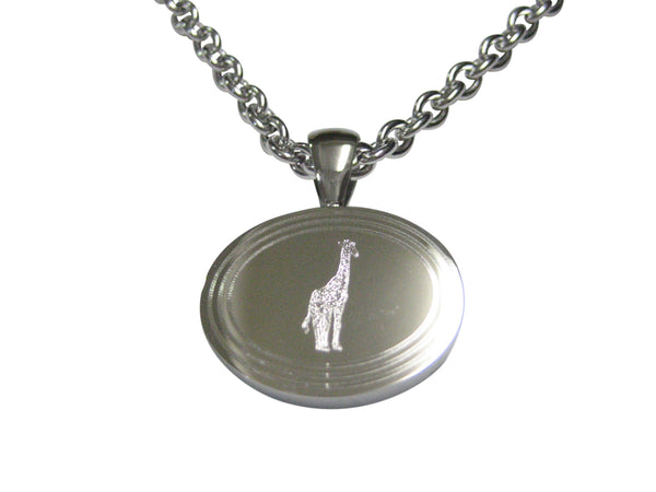 Silver Toned Etched Oval Standing Giraffe Pendant Necklace