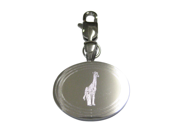 Silver Toned Etched Oval Standing Giraffe Pendant Zipper Pull Charm