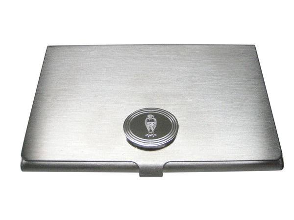 Silver Toned Etched Oval Standing Owl Business Card Holder