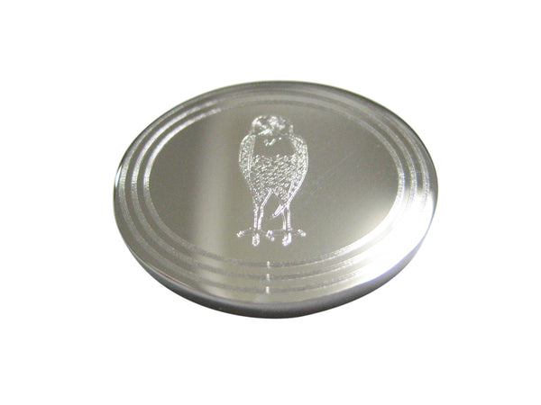 Silver Toned Etched Oval Standing Owl Magnet