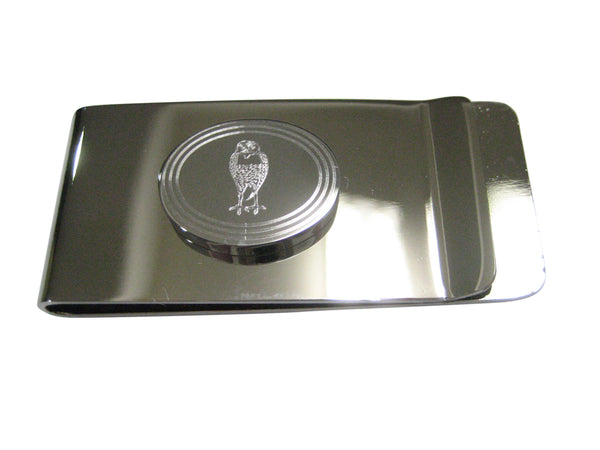 Silver Toned Etched Oval Standing Owl Money Clip