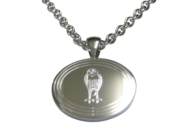 Silver Toned Etched Oval Standing Owl Pendant Necklace