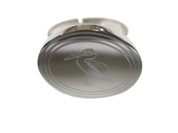 Silver Toned Etched Oval Standing Pelican Bird Adjustable Size Fashion Ring